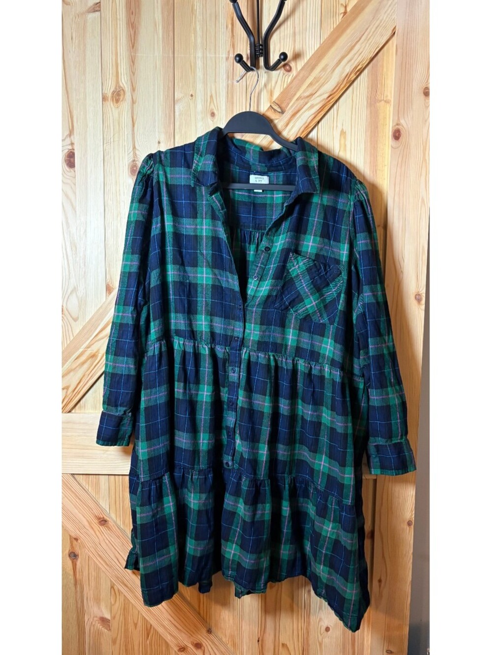 Crown & Ivy Plaid Button-Down Long Sleeve Dress with Tiered Skirt 4X